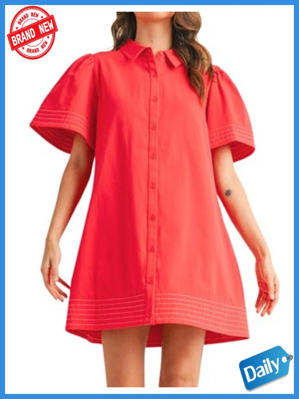 Women's Short Sleeve Button Down Mini Shirt Dress A-Line Cotton Casual Dress
